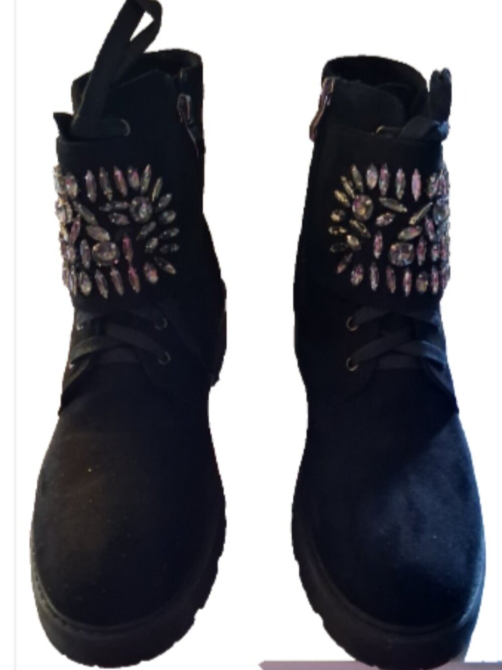 Olivia Miller Womens Size 8 Black Faux Suede Gem Strap Combat Ankle Boots